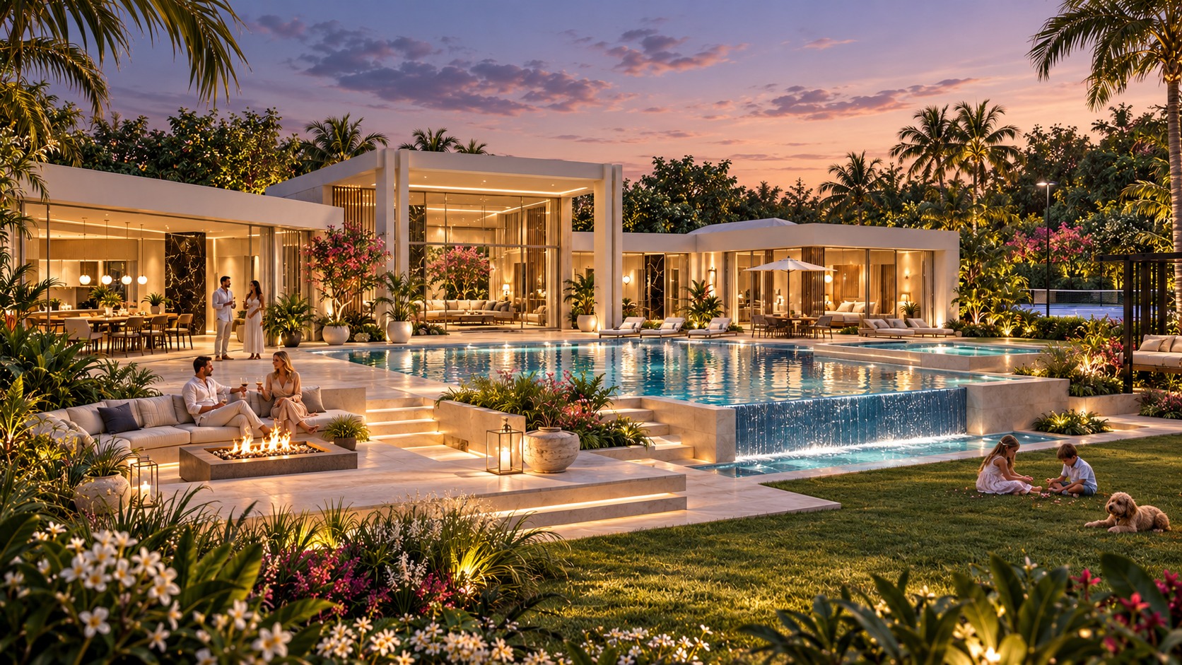 An estate terrace and pool at sunset with family and friends