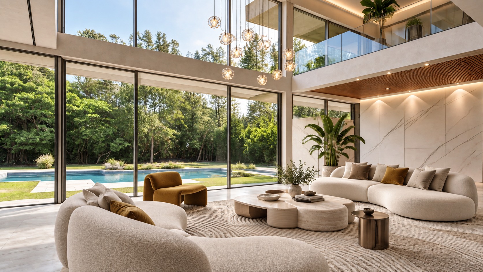 Double-height living room with a lit marble wall and garden views