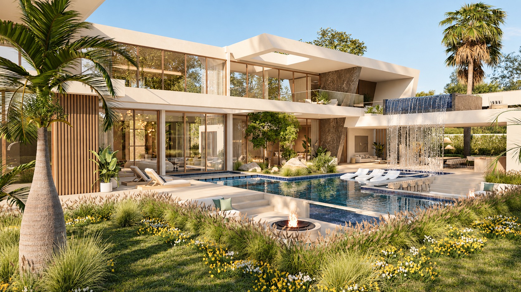 Villa Sol in warm ivory with its pool and water wall